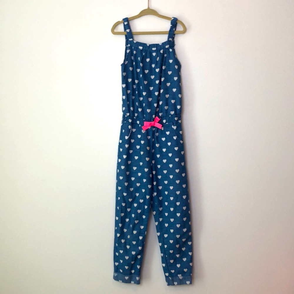 Little Lass l Chambray White Heart Pink Jumpsuit